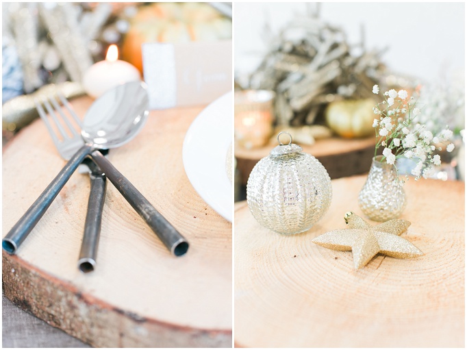 FESTIVE TABLE STYLING - CHRISTMAS DECOR - SILVER, RUSTIC WOOD AND GOLD